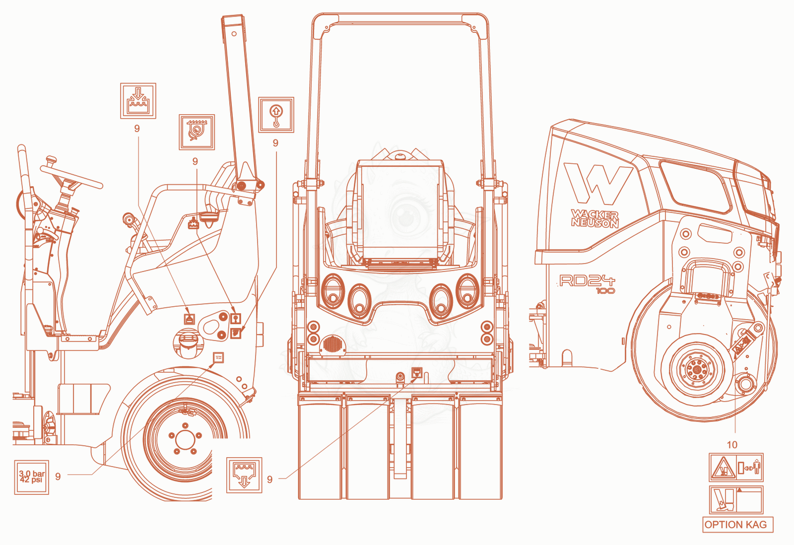 Exploded parts diagram of the sticker arrangement of a Wacker Neuson RD28-120DPF, with numbered balloons
