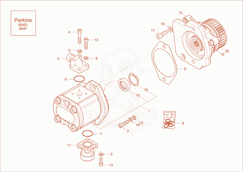 Exploded parts diagram of the gear pump of a Wacker Neuson EW100, with numbered balloons