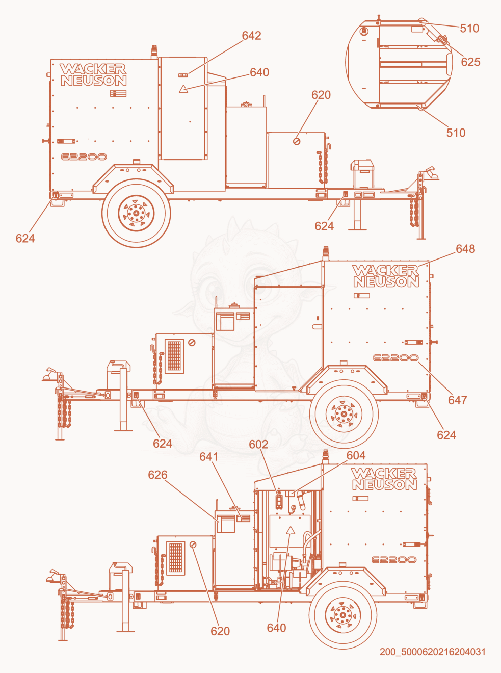 Exploded parts diagram of the Labels of a Wacker Neuson E2200, with numbered balloons