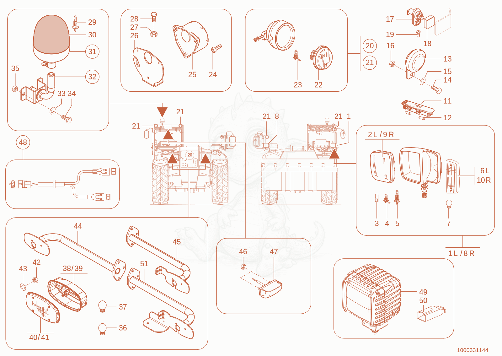 Exploded parts diagram of the lighting of a Wacker Neuson TH744(416-02), with numbered balloons