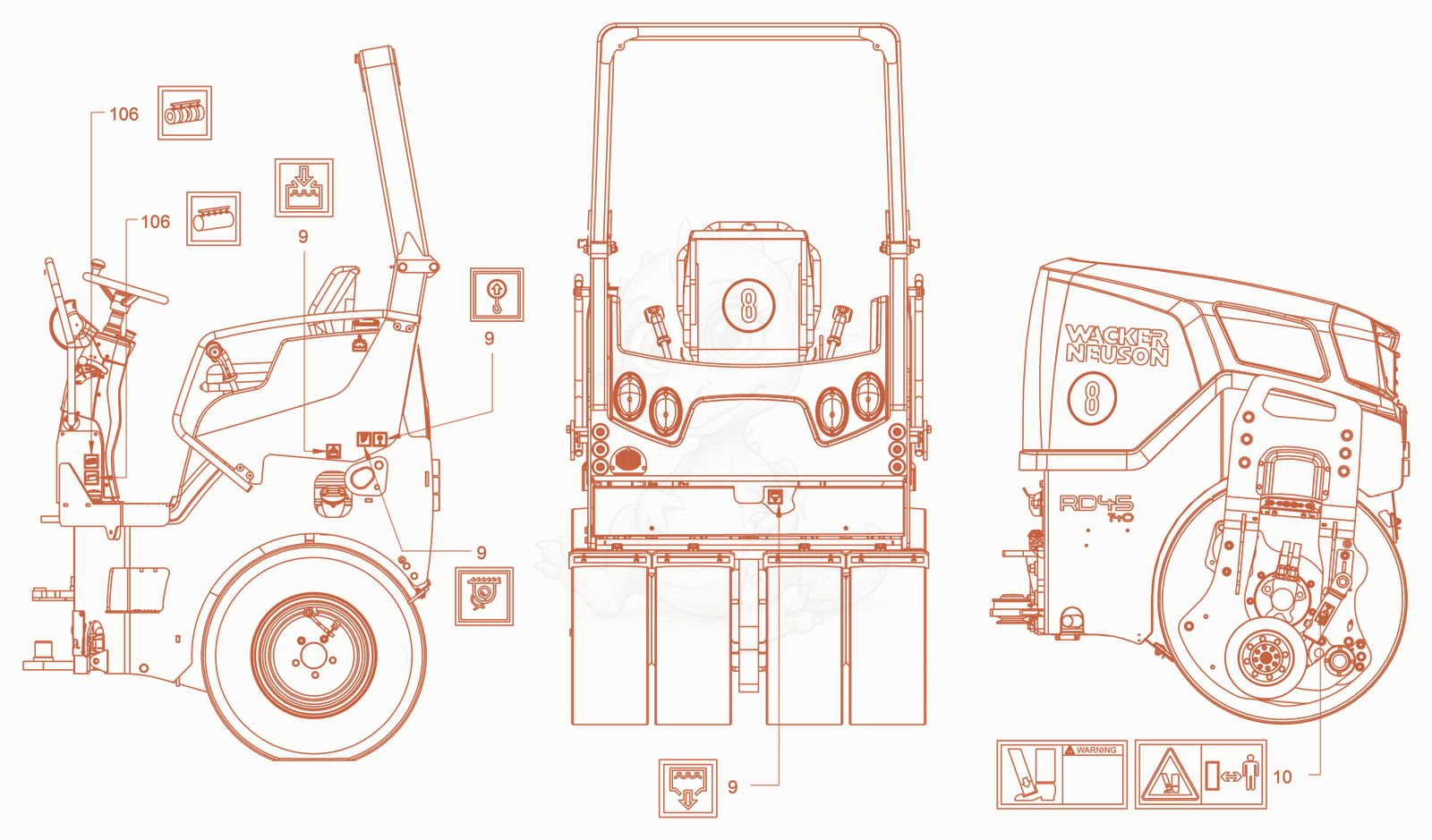 Exploded parts diagram of the sticker arrangement of a Wacker Neuson RD45-140, with numbered balloons