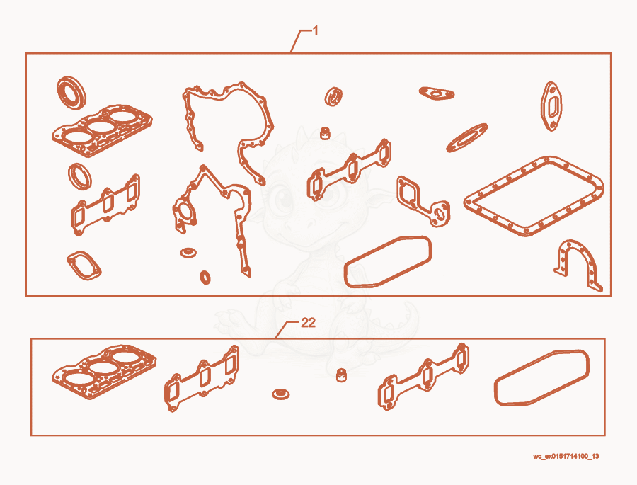 Exploded parts diagram of the Gasket Set of a Wacker Neuson CRT48-31V, with numbered balloons