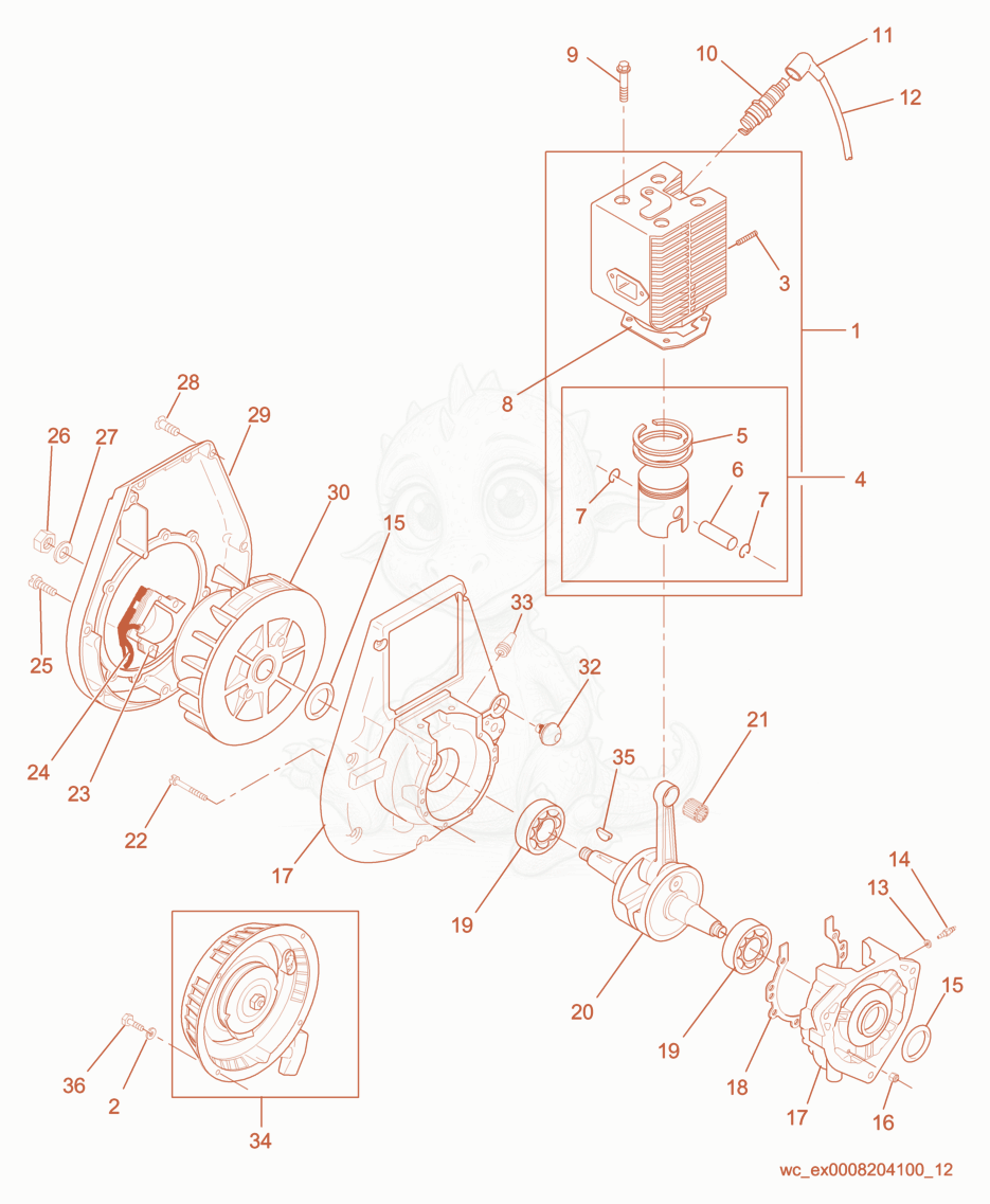 Despiece del Engine-WM 80 de una máquina Wacker Neuson BS700, con globos numerados