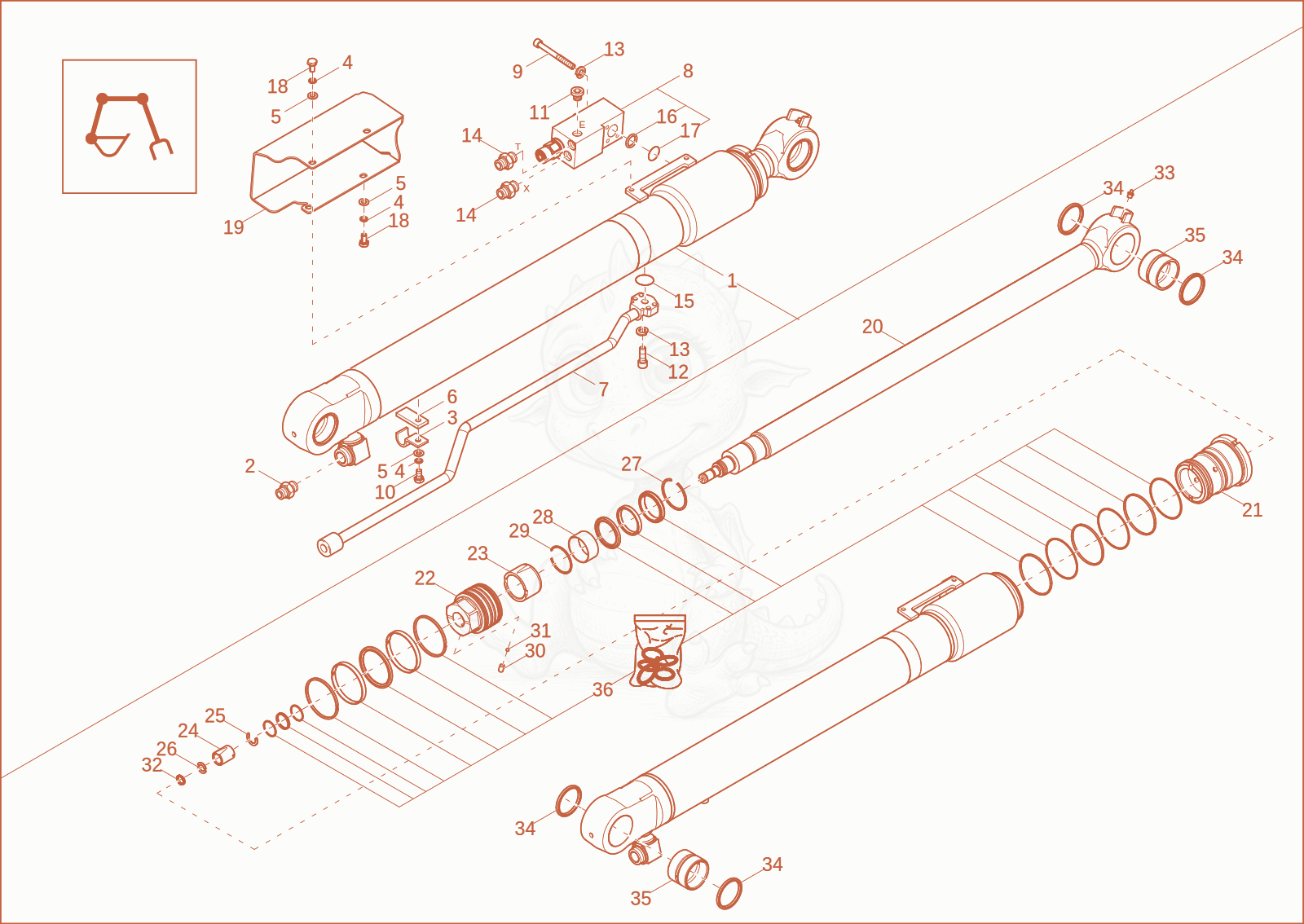 Exploded parts diagram of the DIPPER ARM CYLINDER (OPTION) of a Wacker Neuson ET90, with numbered balloons