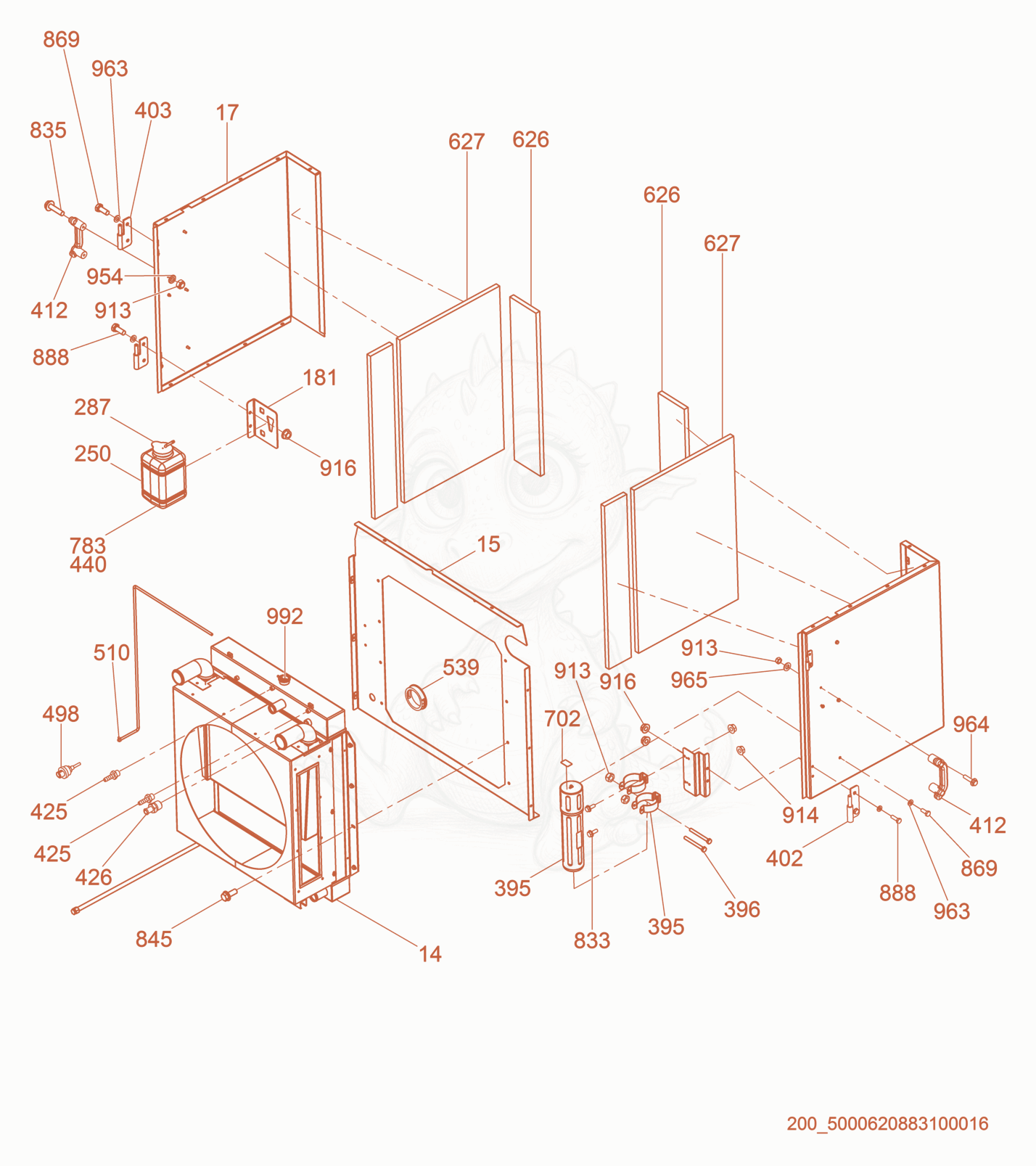 Exploded parts diagram of the Front Enclosure/Radiator of a Wacker Neuson G150, with numbered balloons