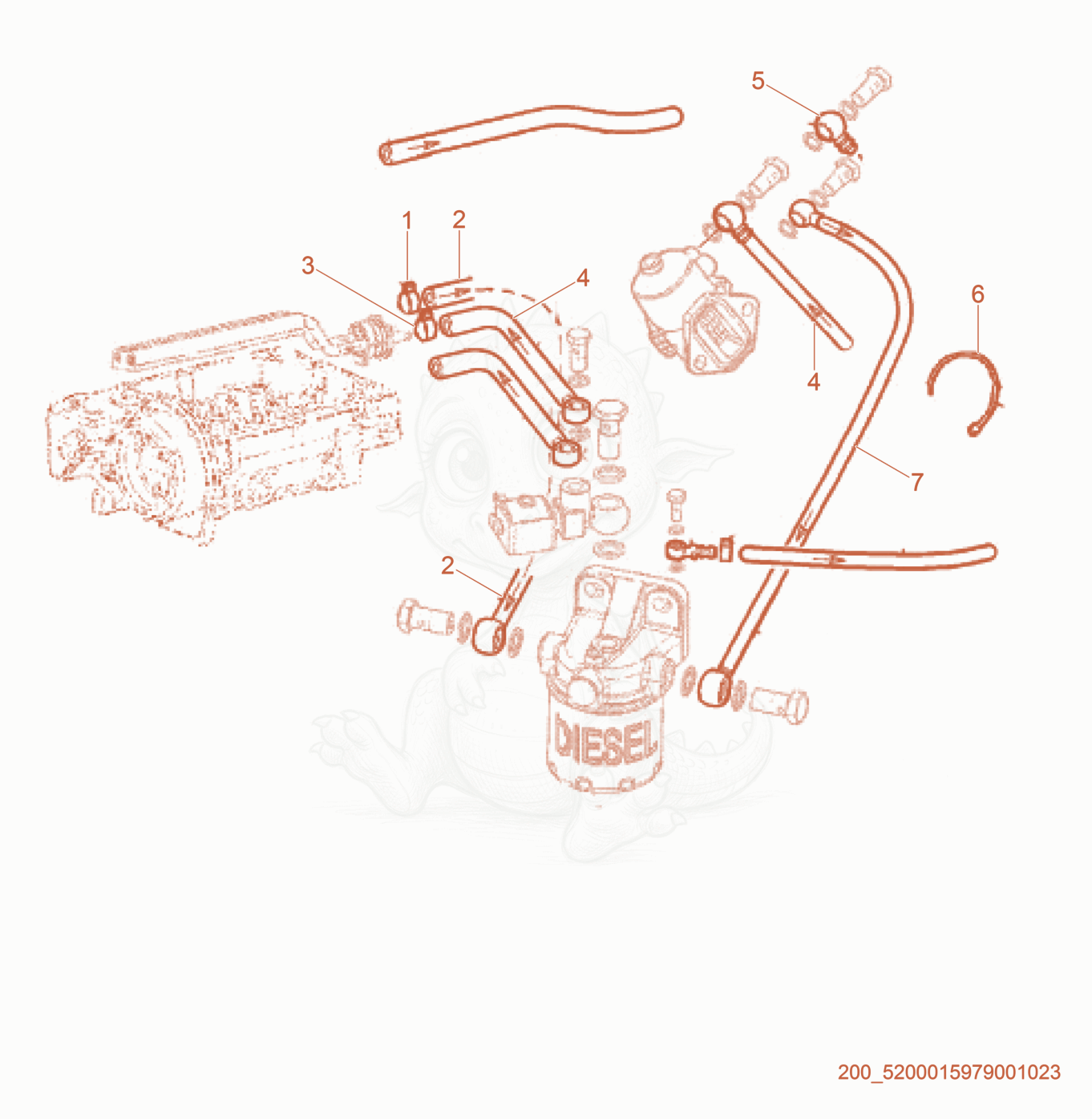 Exploded parts diagram of the Fuel Pipes of a Wacker Neuson RTL82-SC3, with numbered balloons