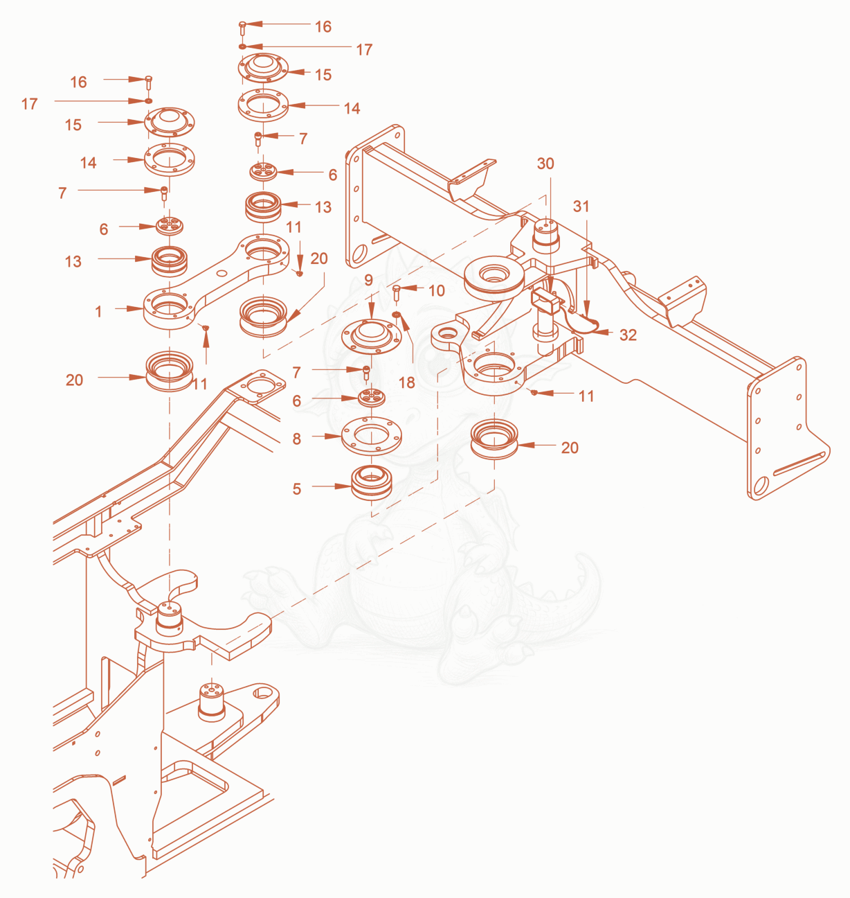 Exploded parts diagram of the Centre Pivot Assembly of a Wacker Neuson RC70VOUS, with numbered balloons