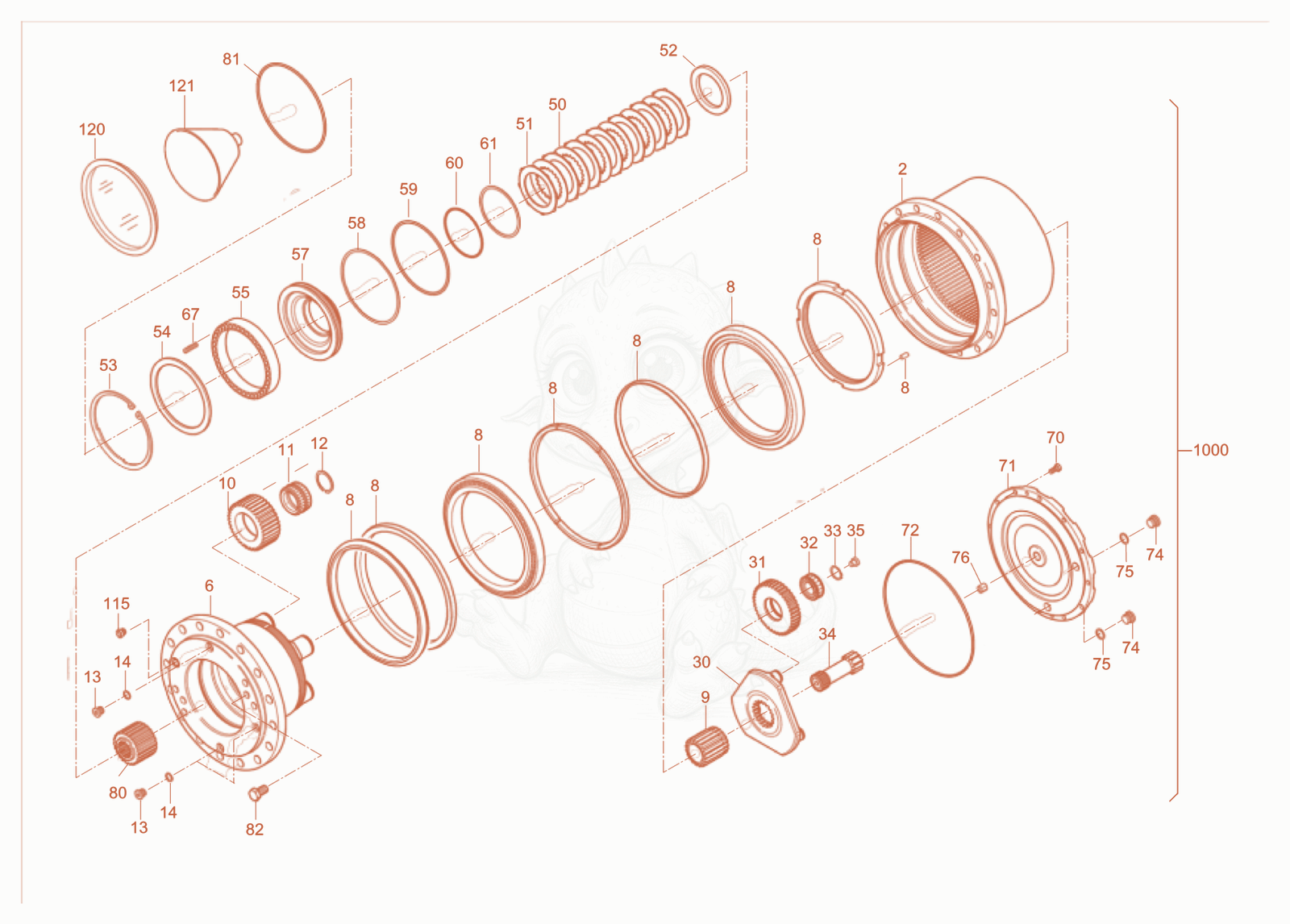 Exploded parts diagram of the wheel gear of a Wacker Neuson RC110PUSROPS, with numbered balloons