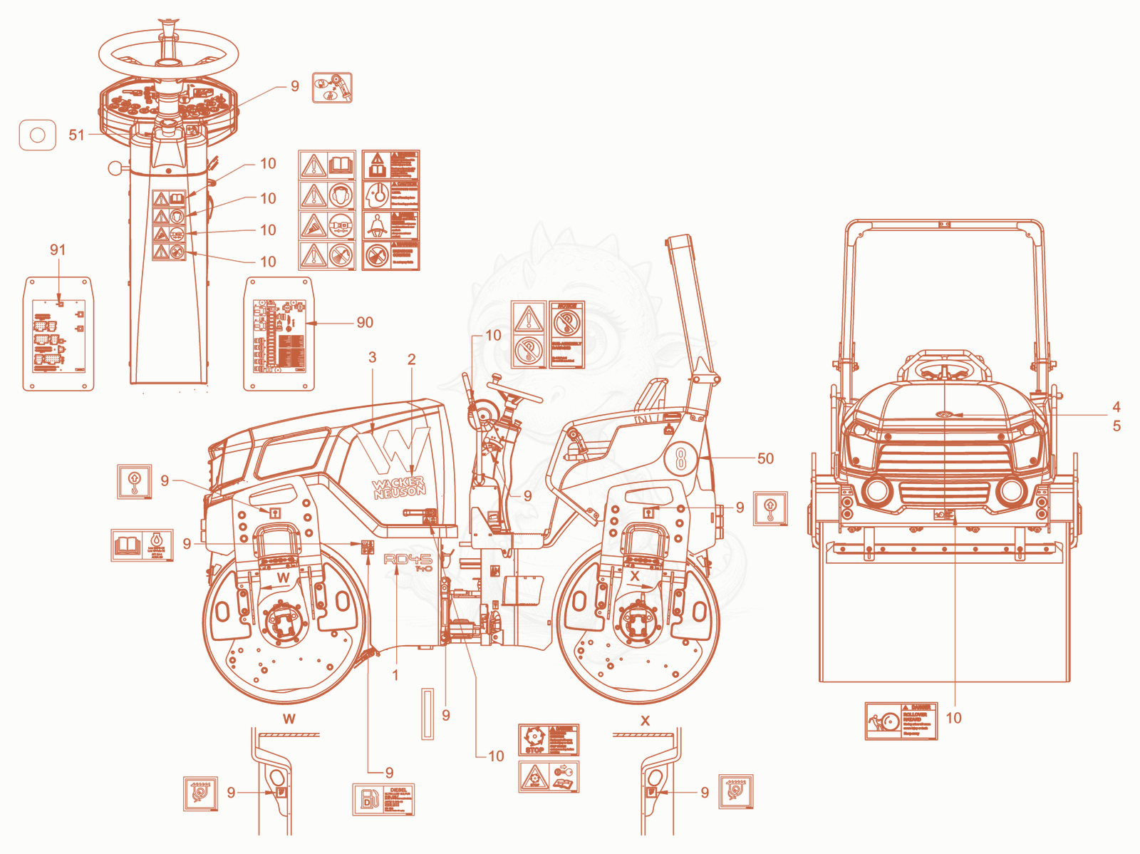 Exploded parts diagram of the sticker arrangement of a Wacker Neuson RD40-130CDPF, with numbered balloons