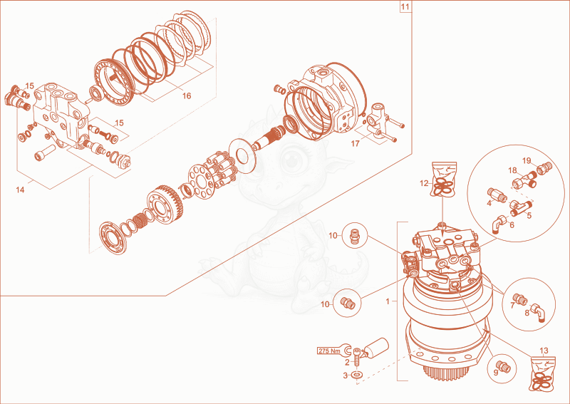 Despiece del swivel drive de una máquina Wacker Neuson EZ53, con globos numerados
