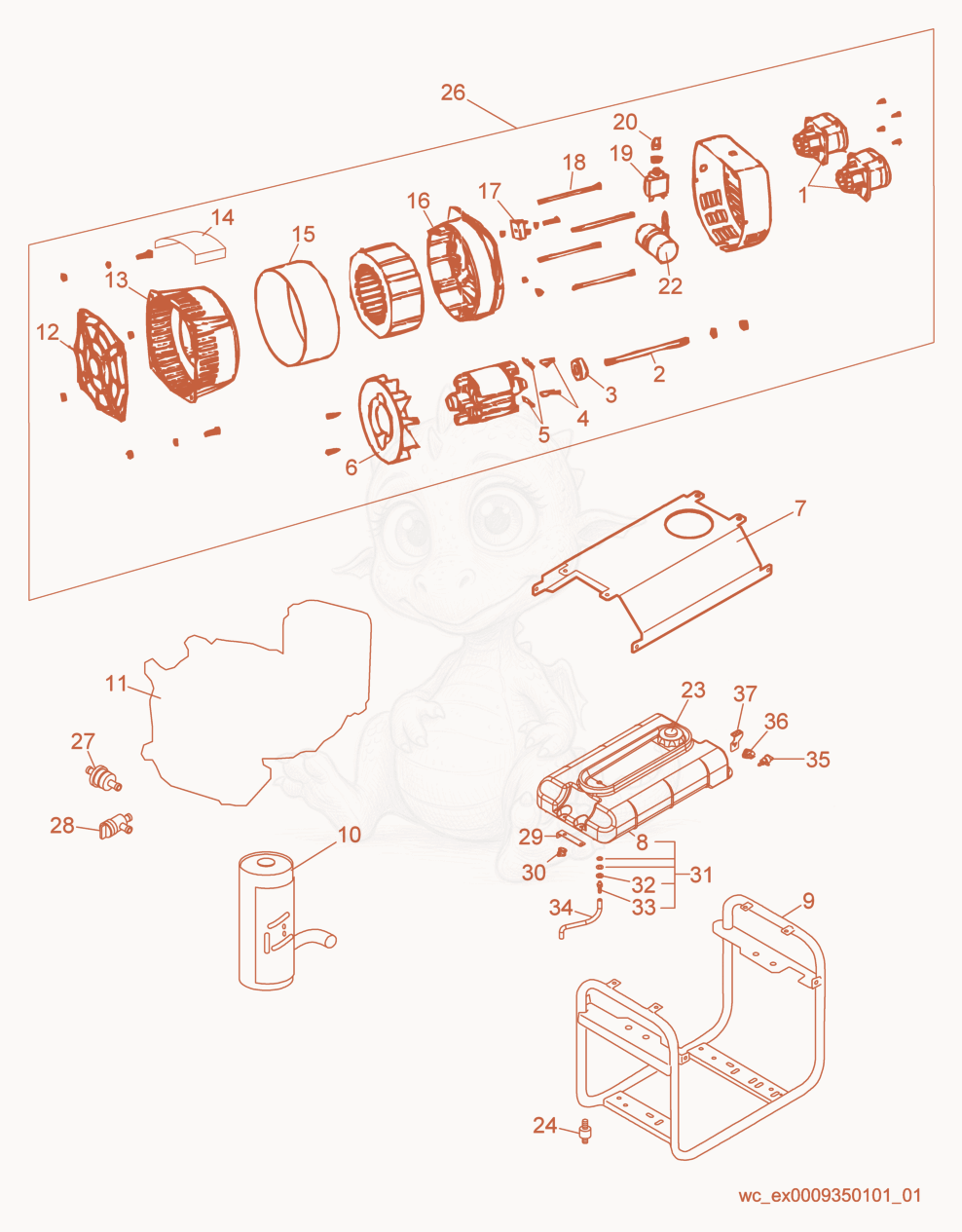 Exploded parts diagram of the Generator Components of a Wacker Neuson GV2500A, with numbered balloons
