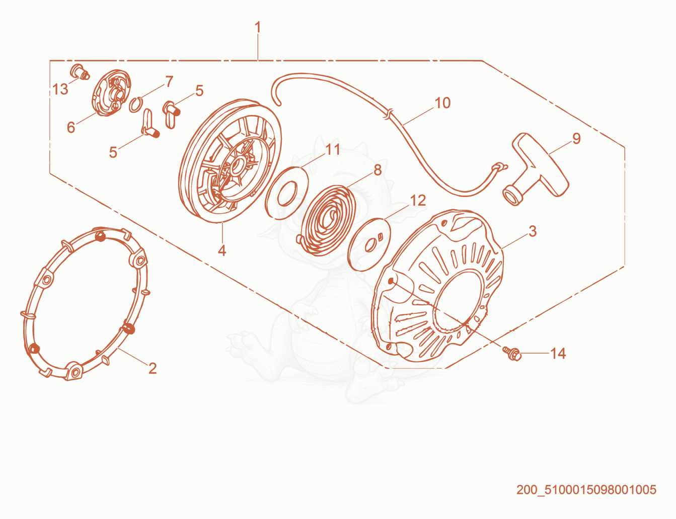 Exploded parts diagram of the Recoil Starter cpl. of a Wacker Neuson BS70-4AS, with numbered balloons