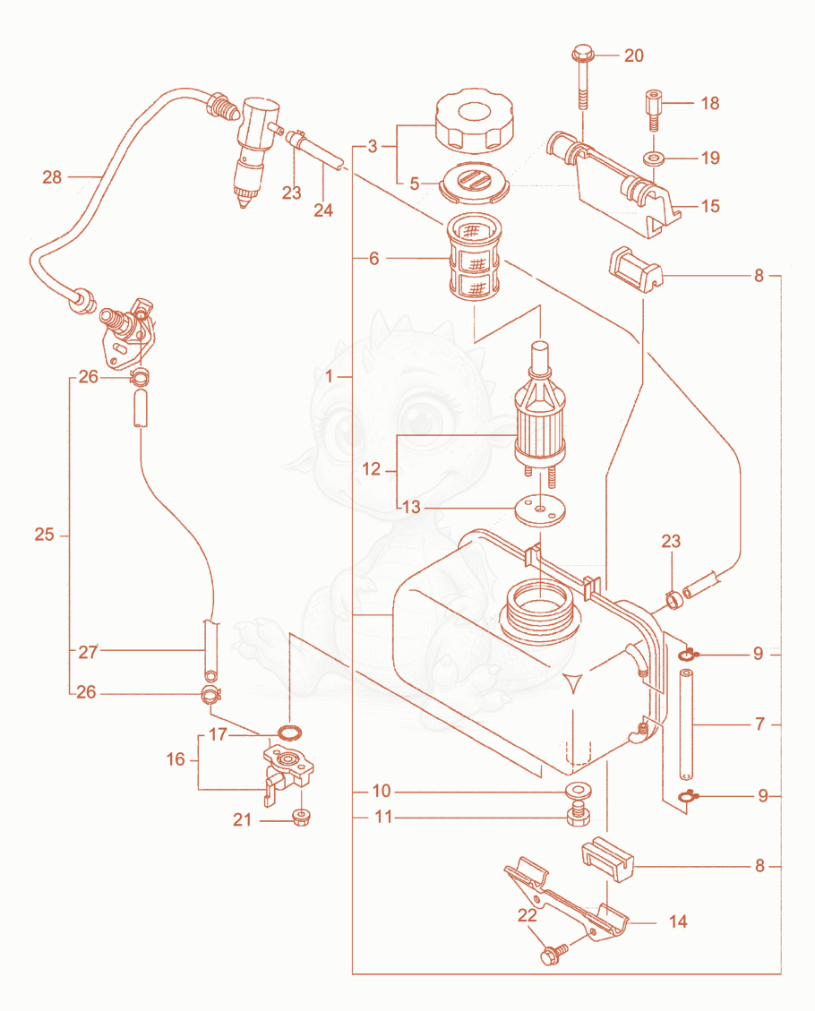 Exploded parts diagram of the Fuel Tank-Fuel hose of a Wacker Neuson DPU4045Y, with numbered balloons