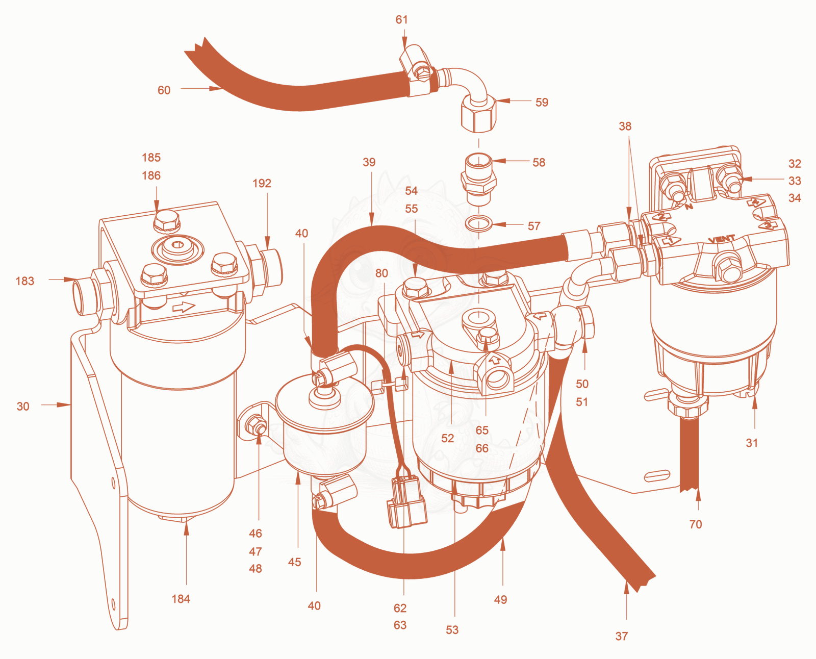 Exploded parts diagram of the fuel system of a Wacker Neuson RD24-100C, with numbered balloons