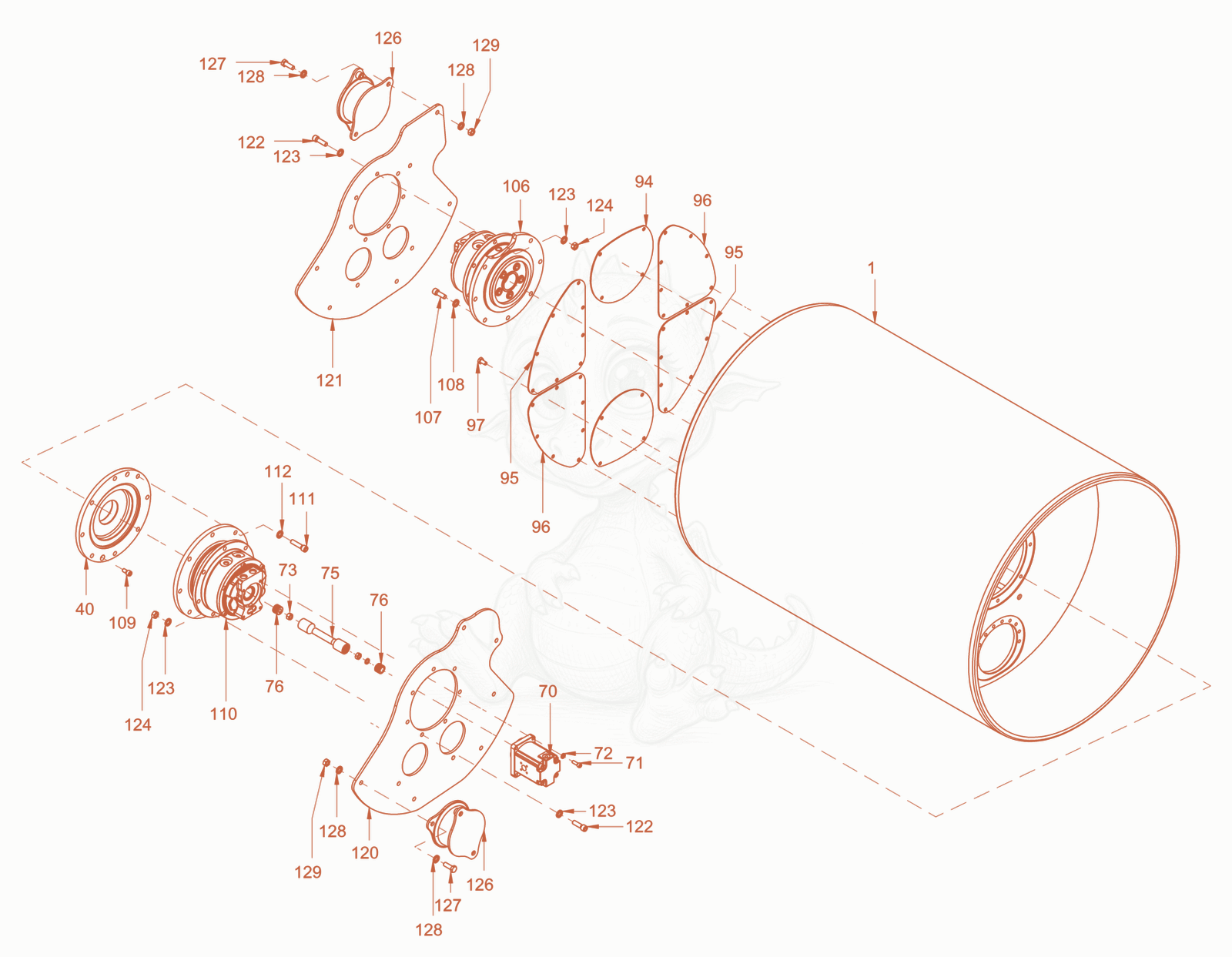 Exploded parts diagram of the smooth roller drum with oscillator of a Wacker Neuson RD45-140OUS, with numbered balloons
