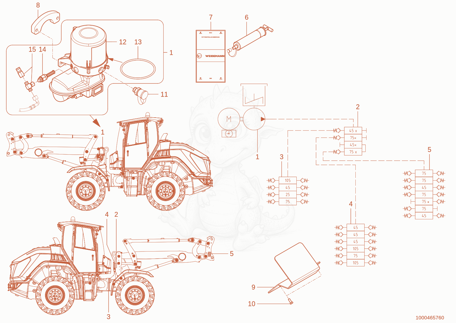 Exploded parts diagram of the central greasing divice of a Wacker Neuson WL110(WRL90-05), with numbered balloons