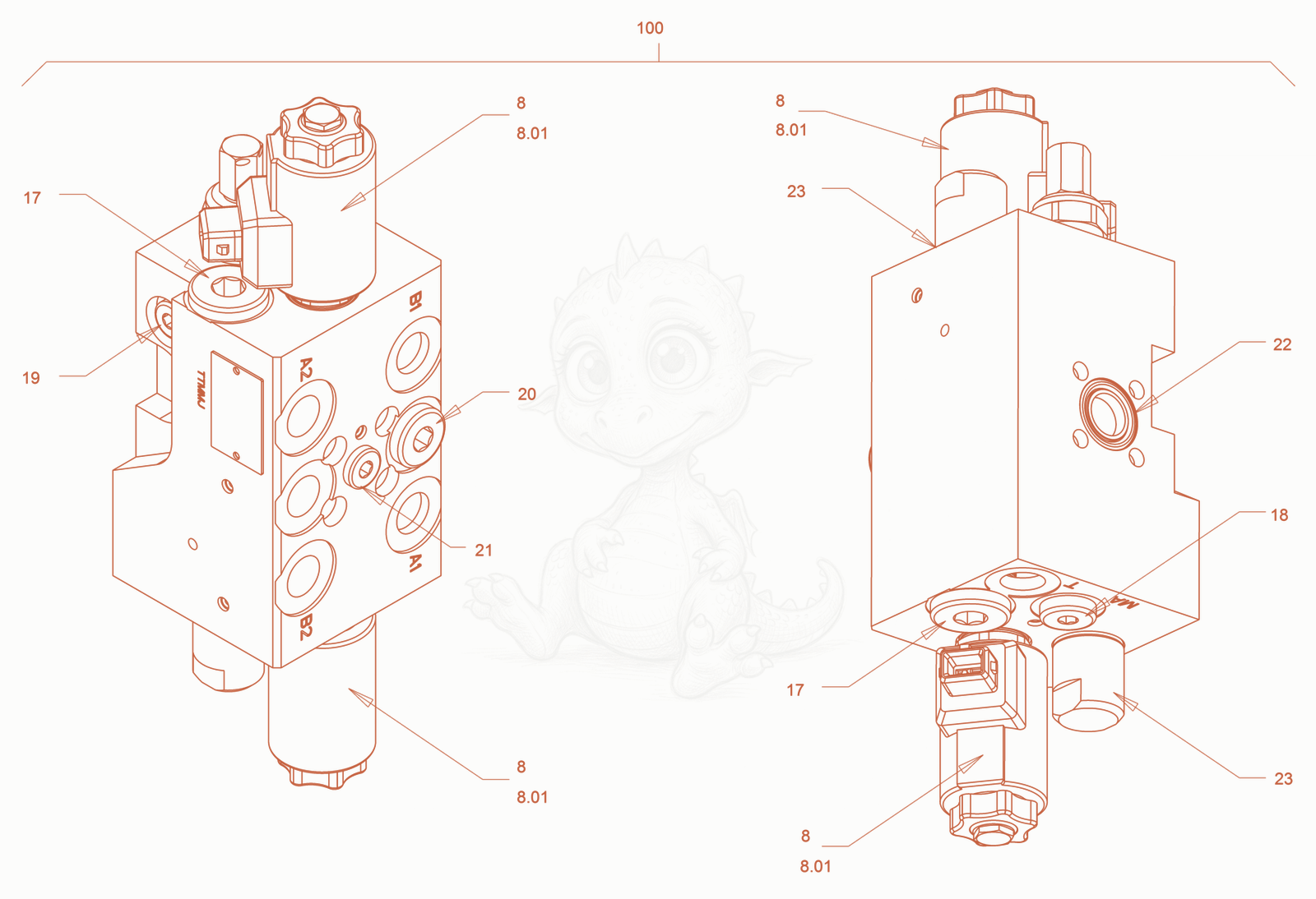 Exploded parts diagram of the valve block (changingover of vibration) of a Wacker Neuson RD18-80SE, with numbered balloons