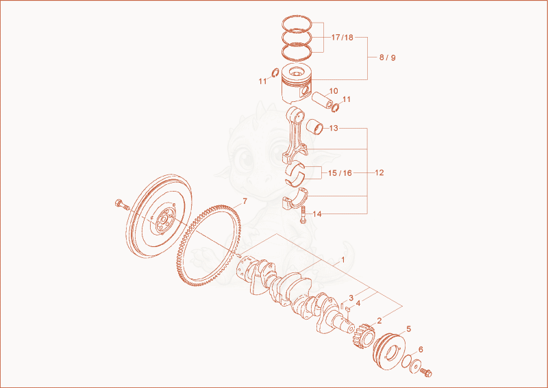 Exploded parts diagram of the crankshaft, piston of a Wacker Neuson 6503-2, with numbered balloons