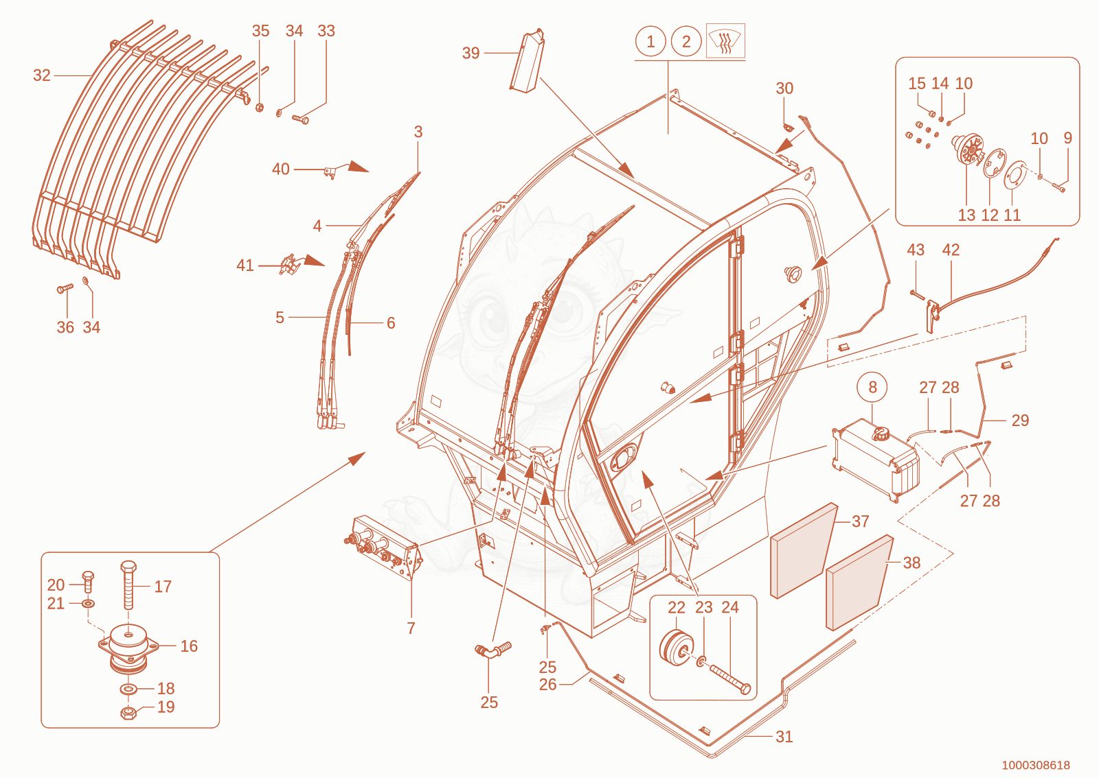 Exploded parts diagram of the Cab of a Wacker Neuson TH735(415-06), with numbered balloons