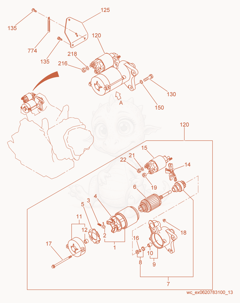 Exploded parts diagram of the Starter cpl. of a Wacker Neuson GPSI4300, with numbered balloons