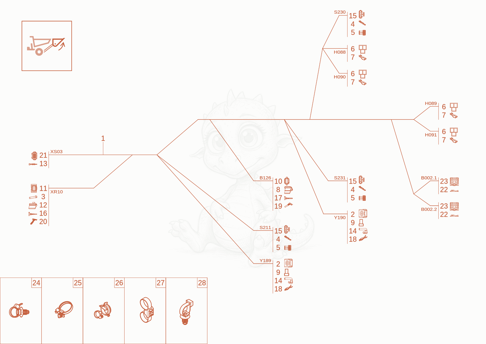 Exploded parts diagram of the WIRE HARNESS (Option SLE) of a Wacker Neuson DW20-2, with numbered balloons