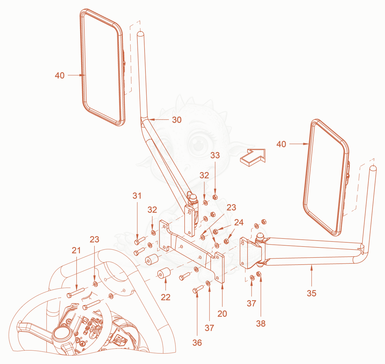 Exploded parts diagram of the additional mirror of a Wacker Neuson RD18-80SE, with numbered balloons