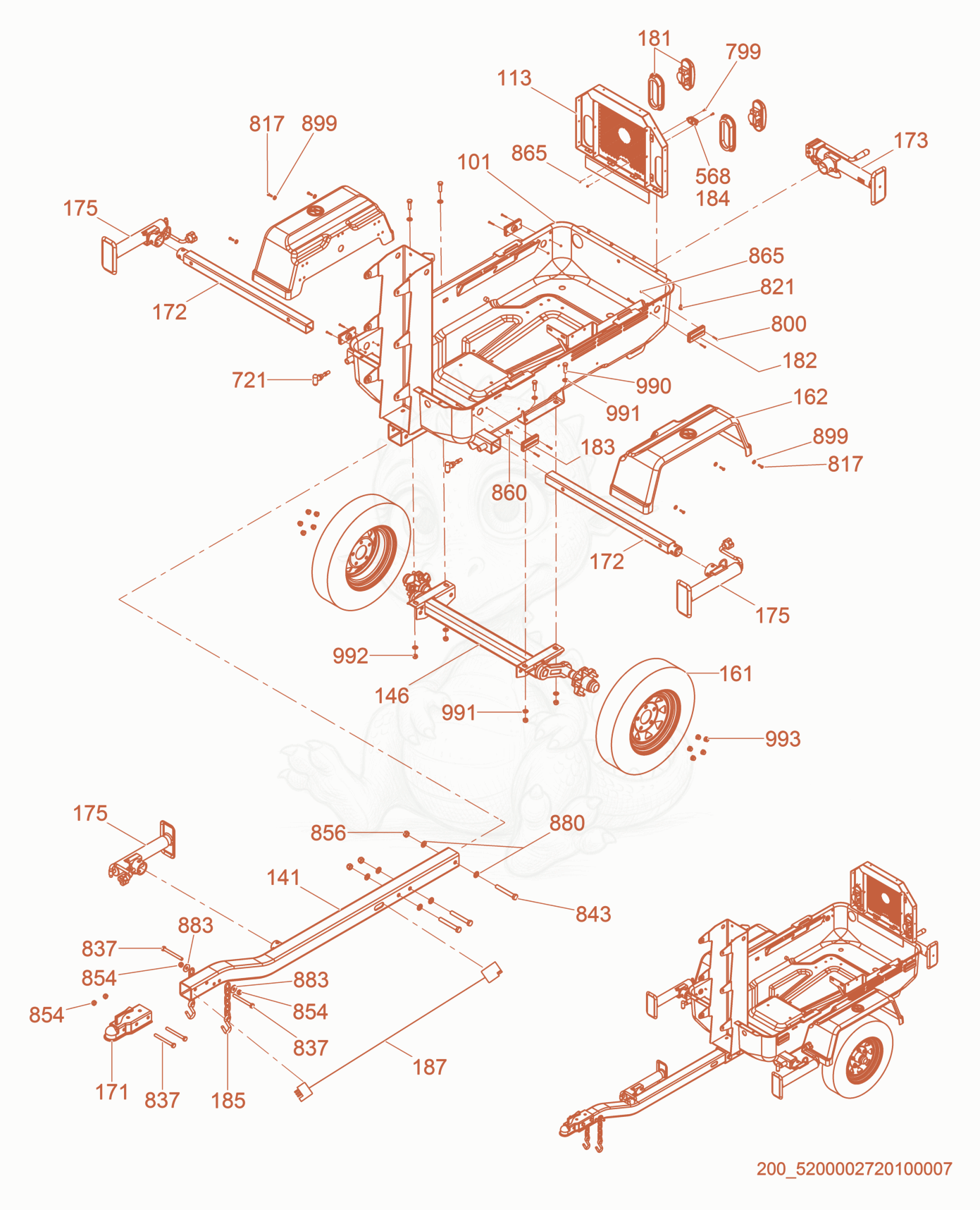 Exploded parts diagram of the Skid/Trailer of a Wacker Neuson LTN6K-V, with numbered balloons