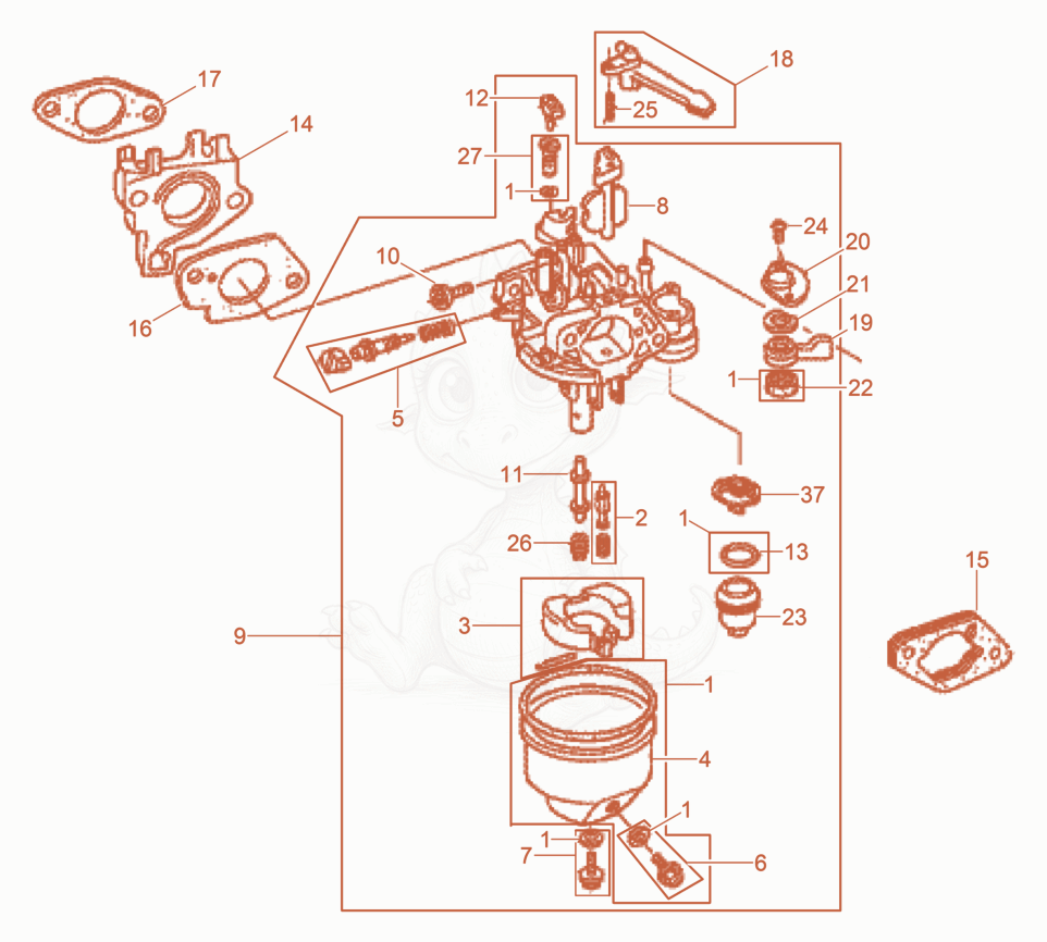 Despiece del Carburetor de una máquina Wacker Neuson BPU3050, con globos numerados