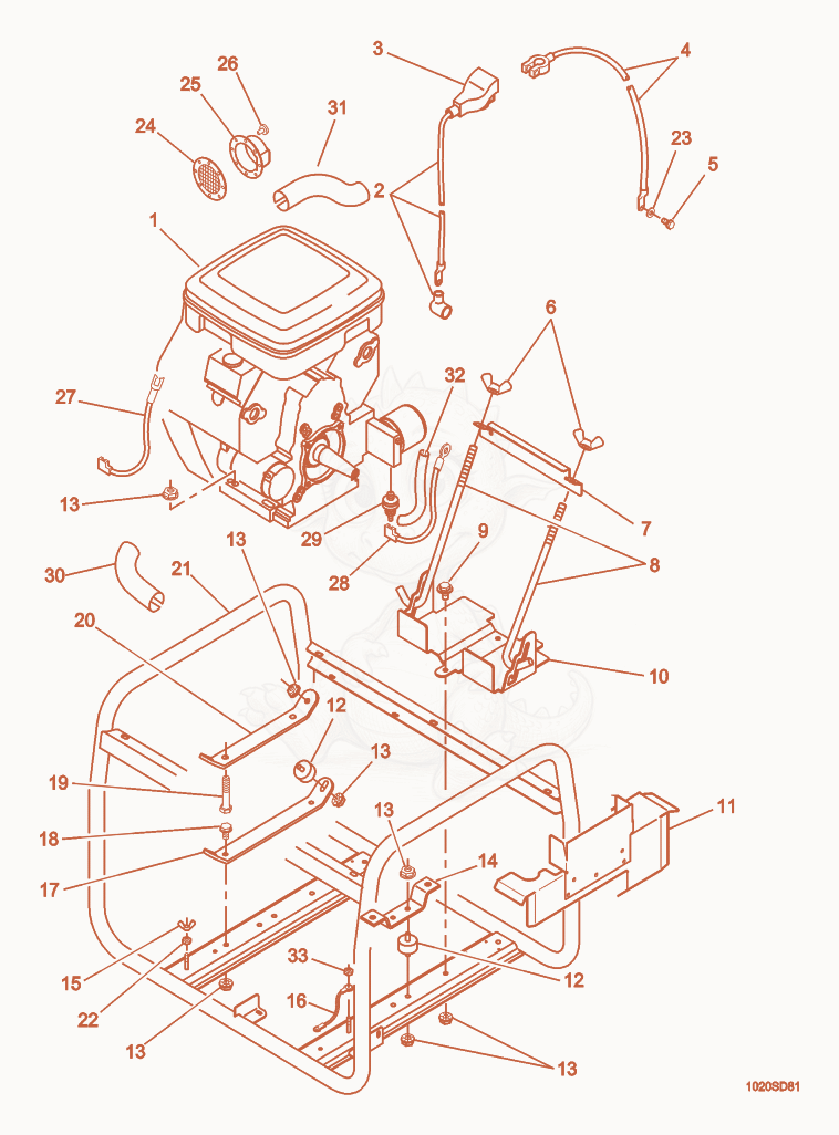 Exploded parts diagram of the Frame/Engine of a Wacker Neuson GS9.7V, with numbered balloons