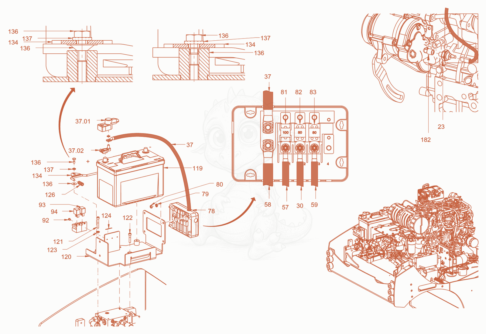 Exploded parts diagram of the electrical system of a Wacker Neuson RD45-140US, with numbered balloons