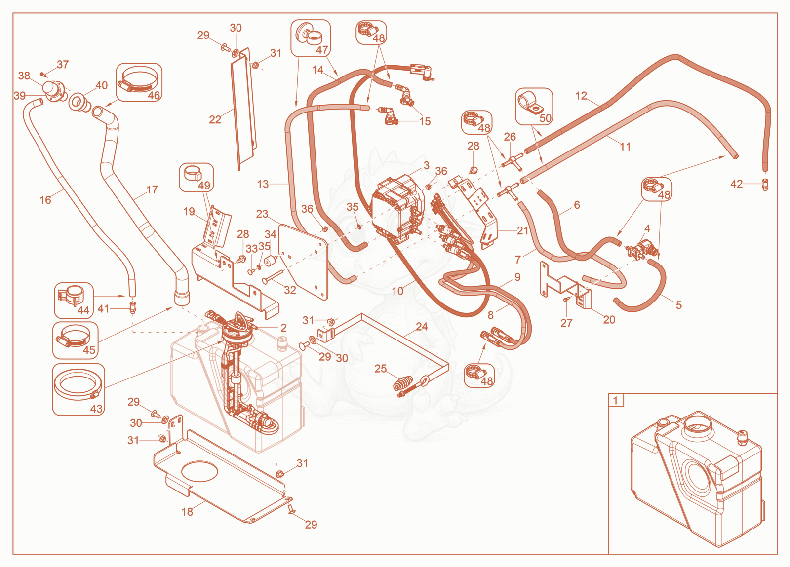 Exploded parts diagram of the DEF Tank of a Wacker Neuson ST40(S06-5), with numbered balloons