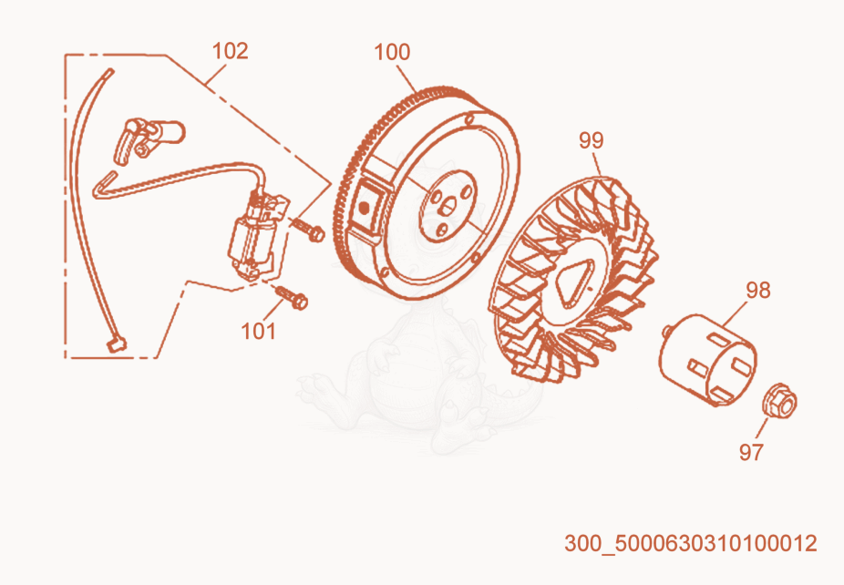 Exploded parts diagram of the Flywheel/Ignition Coil of a Wacker Neuson ML440, with numbered balloons