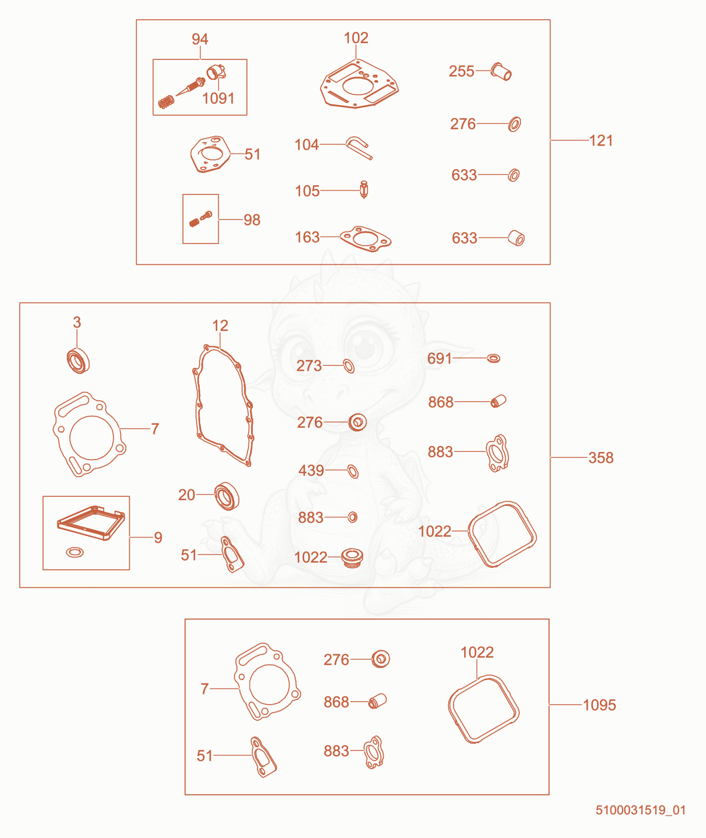 Exploded parts diagram of the Overhaul Kits of a Wacker Neuson PTS4V, with numbered balloons