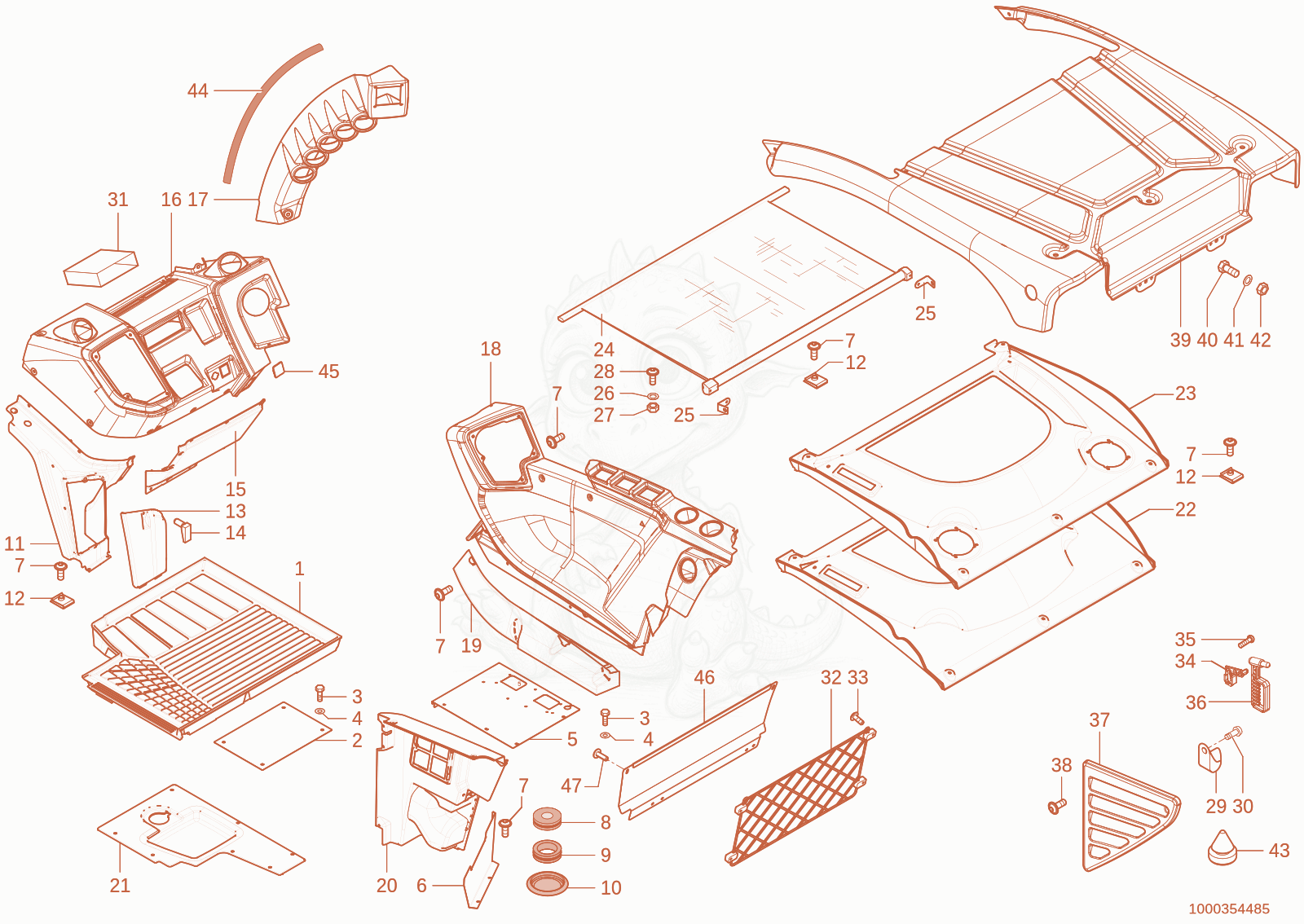 Exploded parts diagram of the trim of a Wacker Neuson TH755(416-14), with numbered balloons