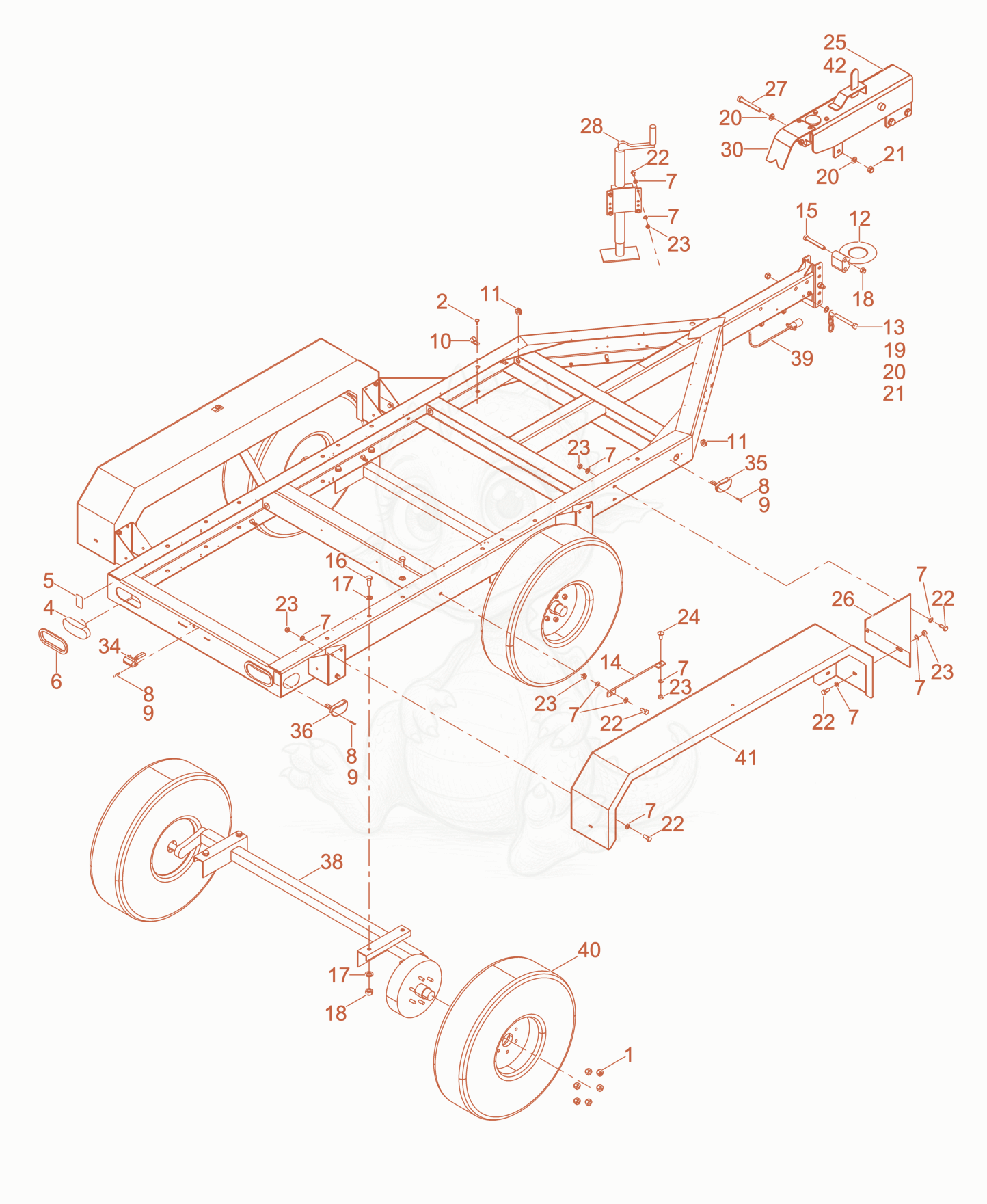 Exploded parts diagram of the Trailer Frame w/Surge Brake Tandem Axle of a Wacker Neuson G25, with numbered balloons