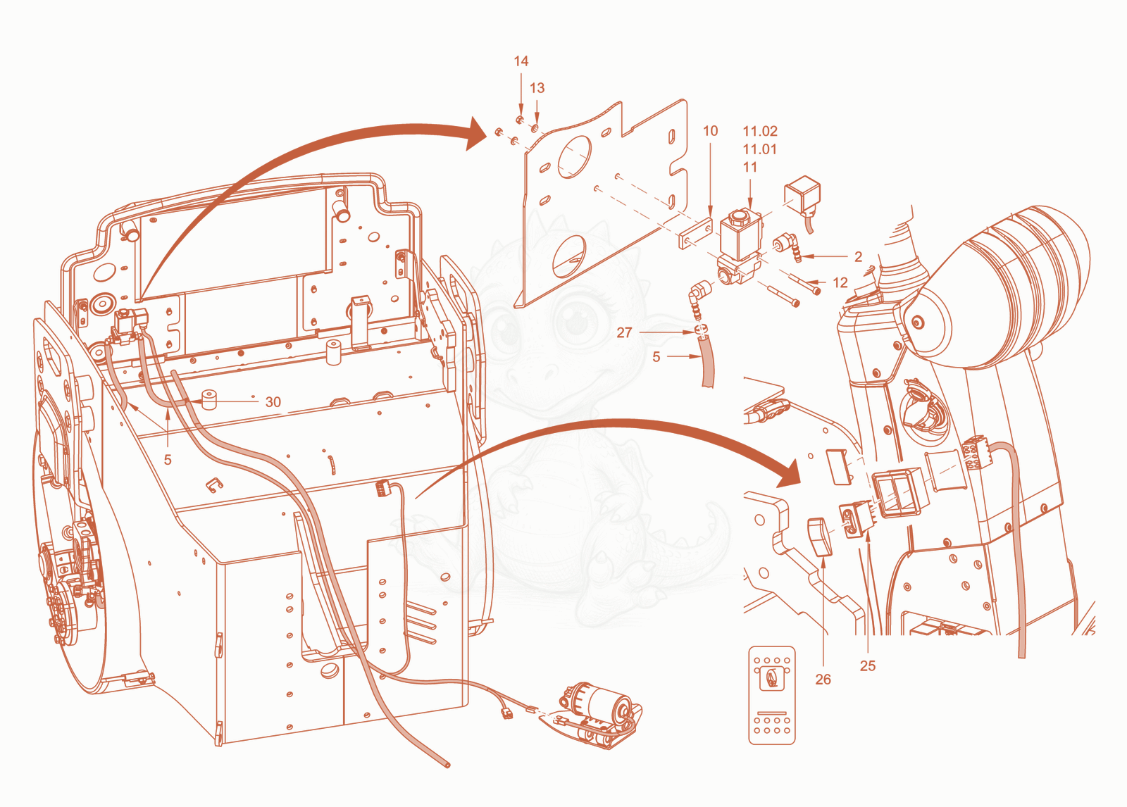 Exploded parts diagram of the edge pressing and cuttingdevice of a Wacker Neuson RD40-130CDPF, with numbered balloons