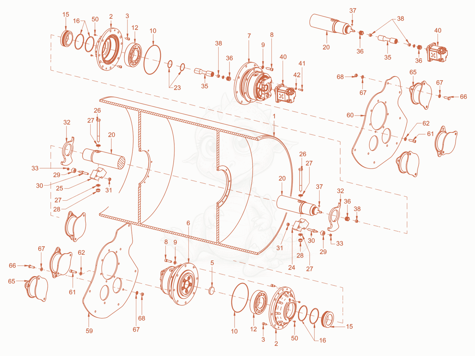 Exploded parts diagram of the roller drum of a Wacker Neuson RD40-130CDPF, with numbered balloons