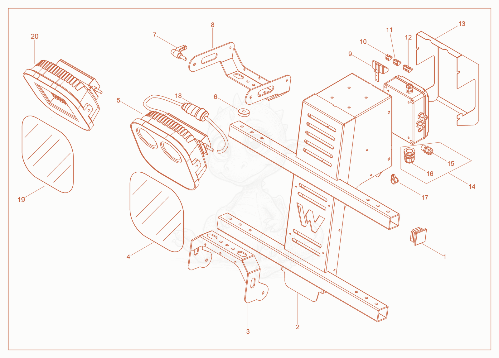 Exploded parts diagram of the Light cpl./Connection Box of a Wacker Neuson LTE4K, with numbered balloons