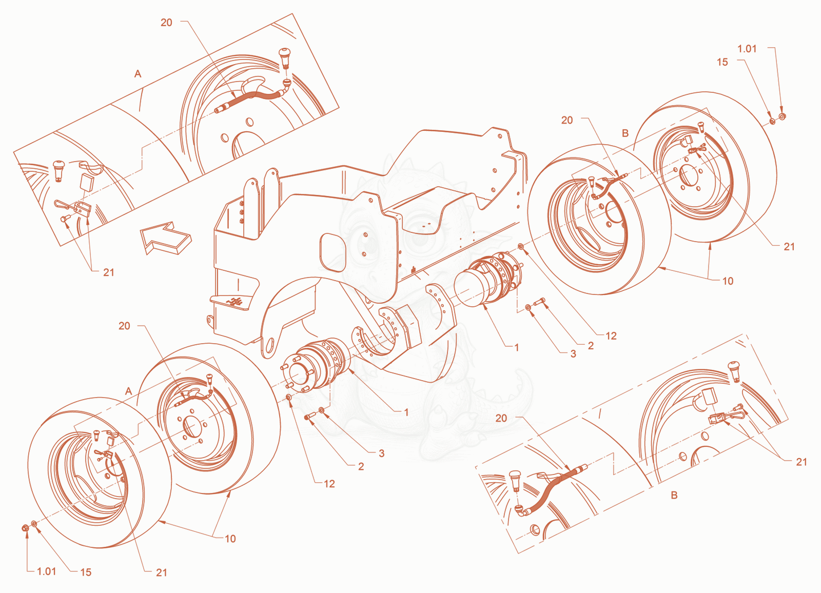 Exploded parts diagram of the suspension (tires) of a Wacker Neuson RD24-100C, with numbered balloons