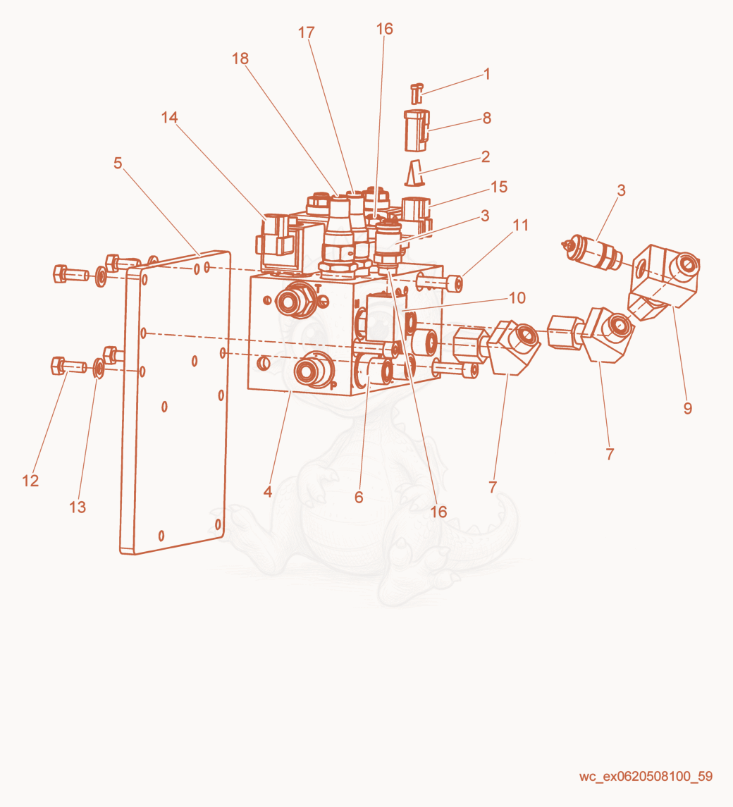 Exploded parts diagram of the Hydraulic Manifold w/Panel of a Wacker Neuson RD27-120, with numbered balloons