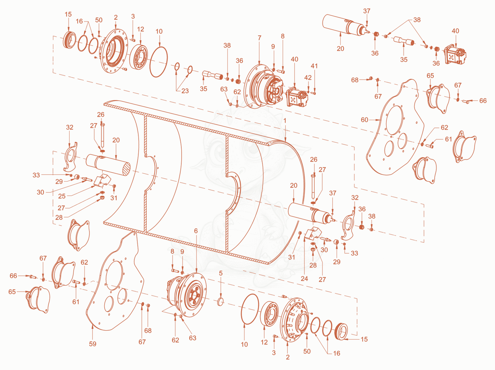 Exploded parts diagram of the roller drum with vibrator of a Wacker Neuson RD40-130.3, with numbered balloons