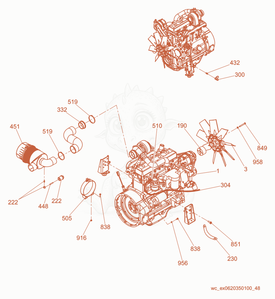 Despiece del Engine cpl. de una máquina Wacker Neuson G70, con globos numerados