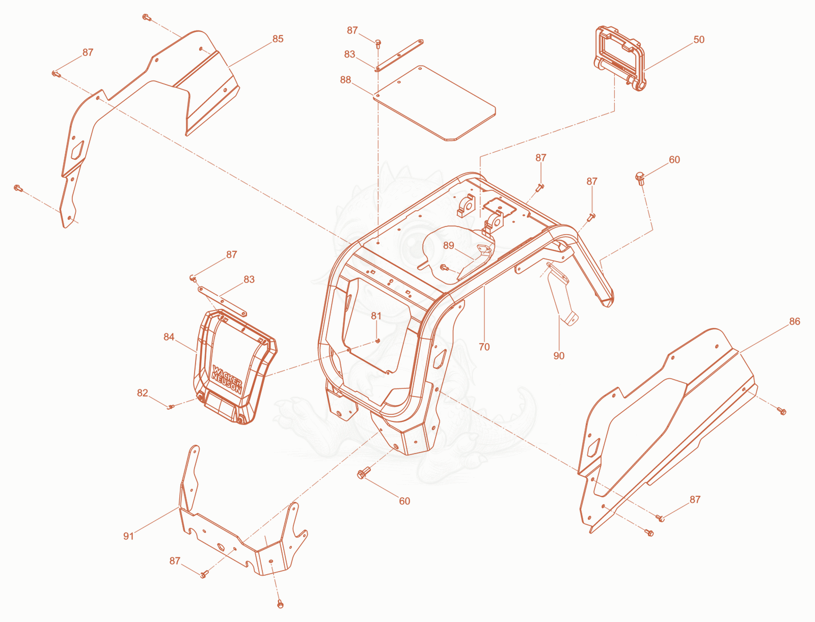 Exploded parts diagram of the Protective frame basis (DPU)U) of a Wacker Neuson DPU6260HEP, with numbered balloons