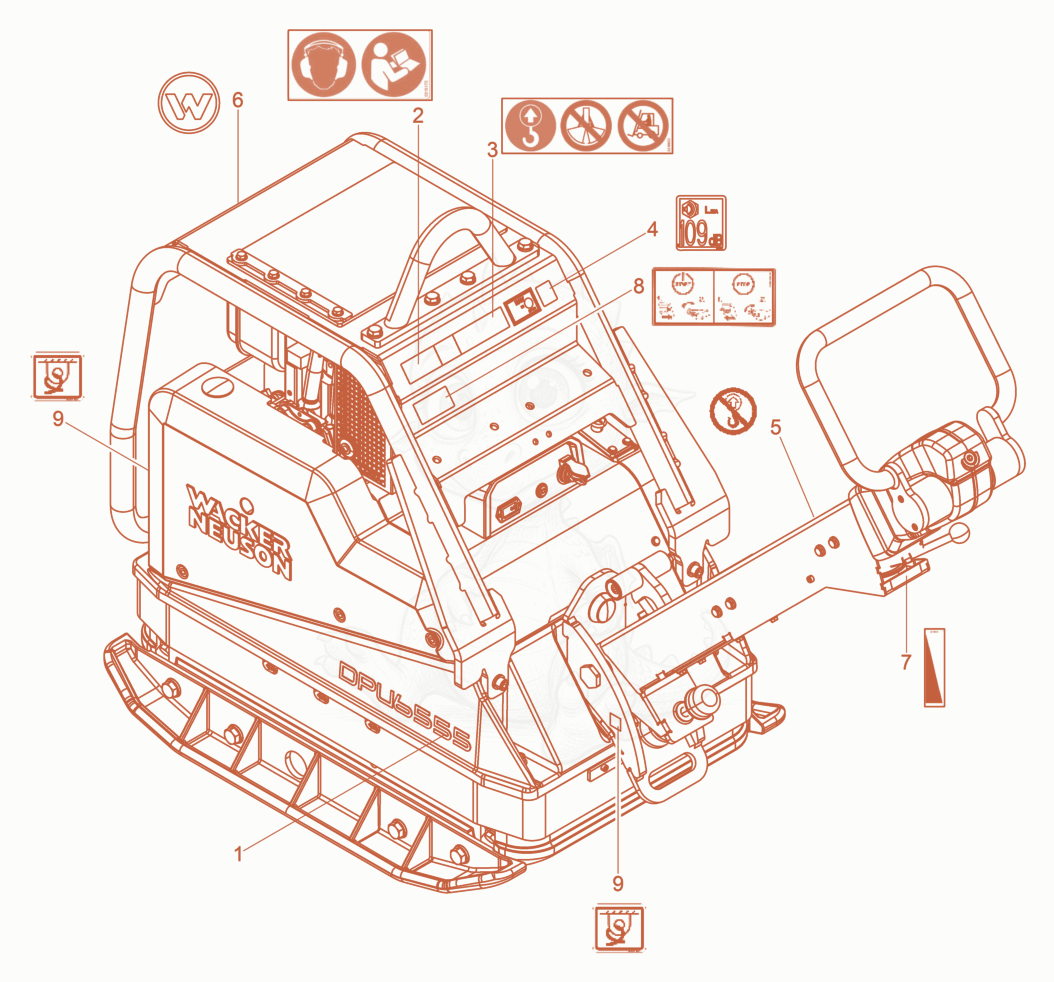 Exploded parts diagram of the Labels of a Wacker Neuson DPU6555HEH, with numbered balloons