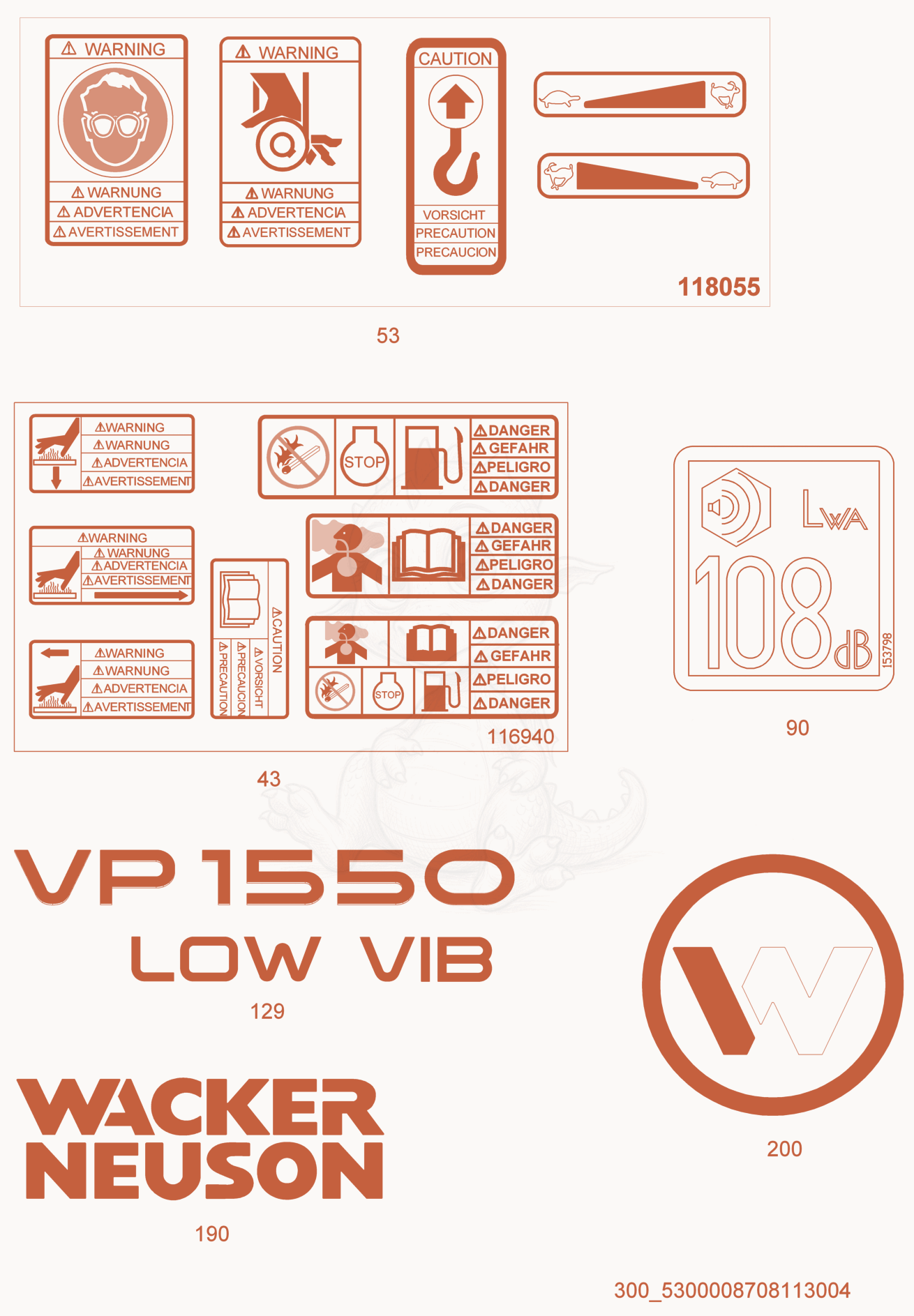 Despiece del Labels de una máquina Wacker Neuson VP1550W, con globos numerados