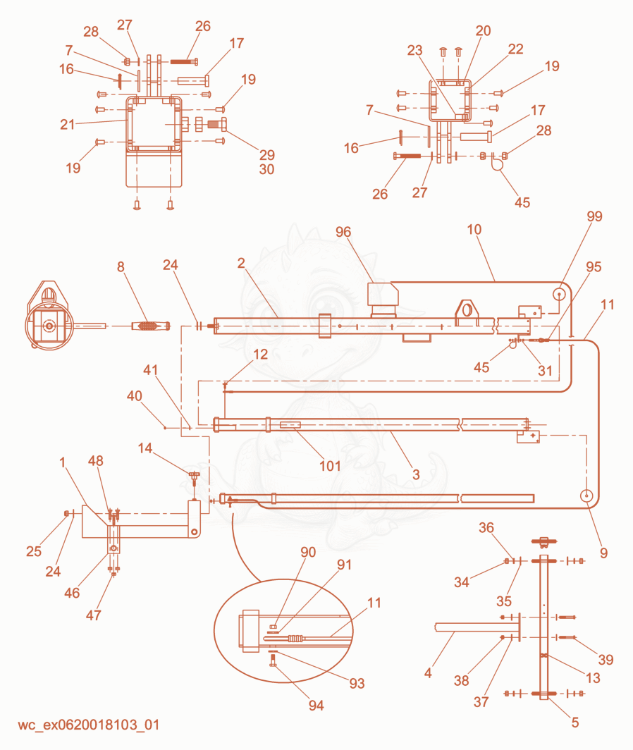 Exploded parts diagram of the Mast cpl./Power Winch System of a Wacker Neuson LTC4C-P, with numbered balloons