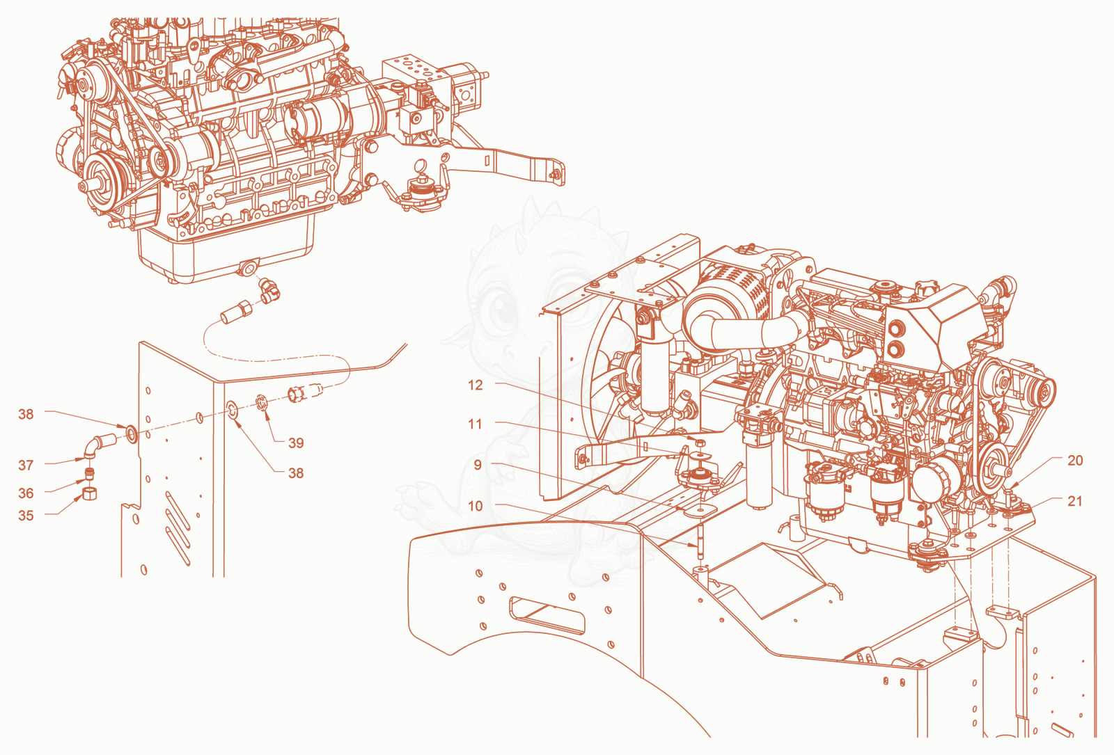 Exploded parts diagram of the pump drive and engine assembly of a Wacker Neuson RD45-140.3, with numbered balloons