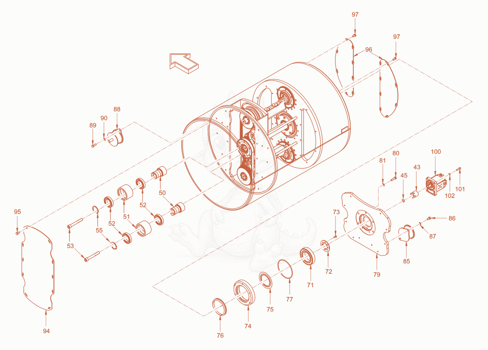 Exploded parts diagram of the roller drum with oscillator of a Wacker Neuson RD24-100O.3, with numbered balloons