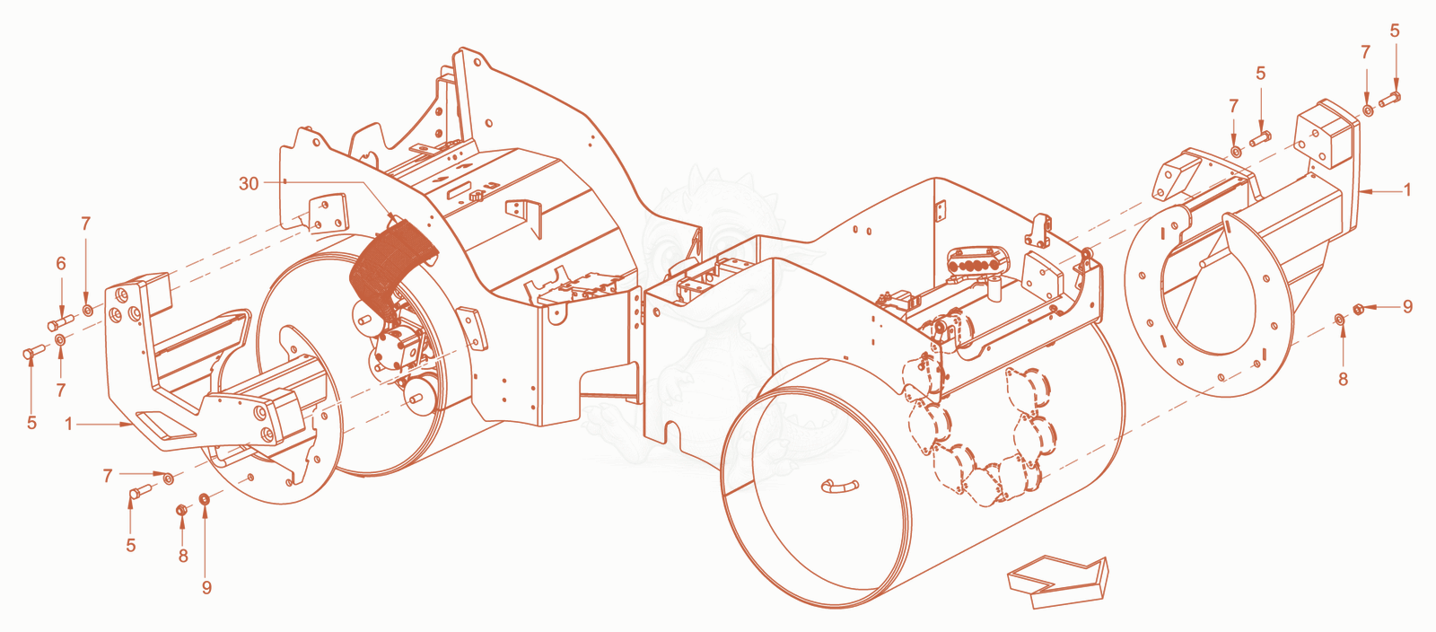 Exploded parts diagram of the roller drum suspension of a Wacker Neuson RD18-100.3, with numbered balloons
