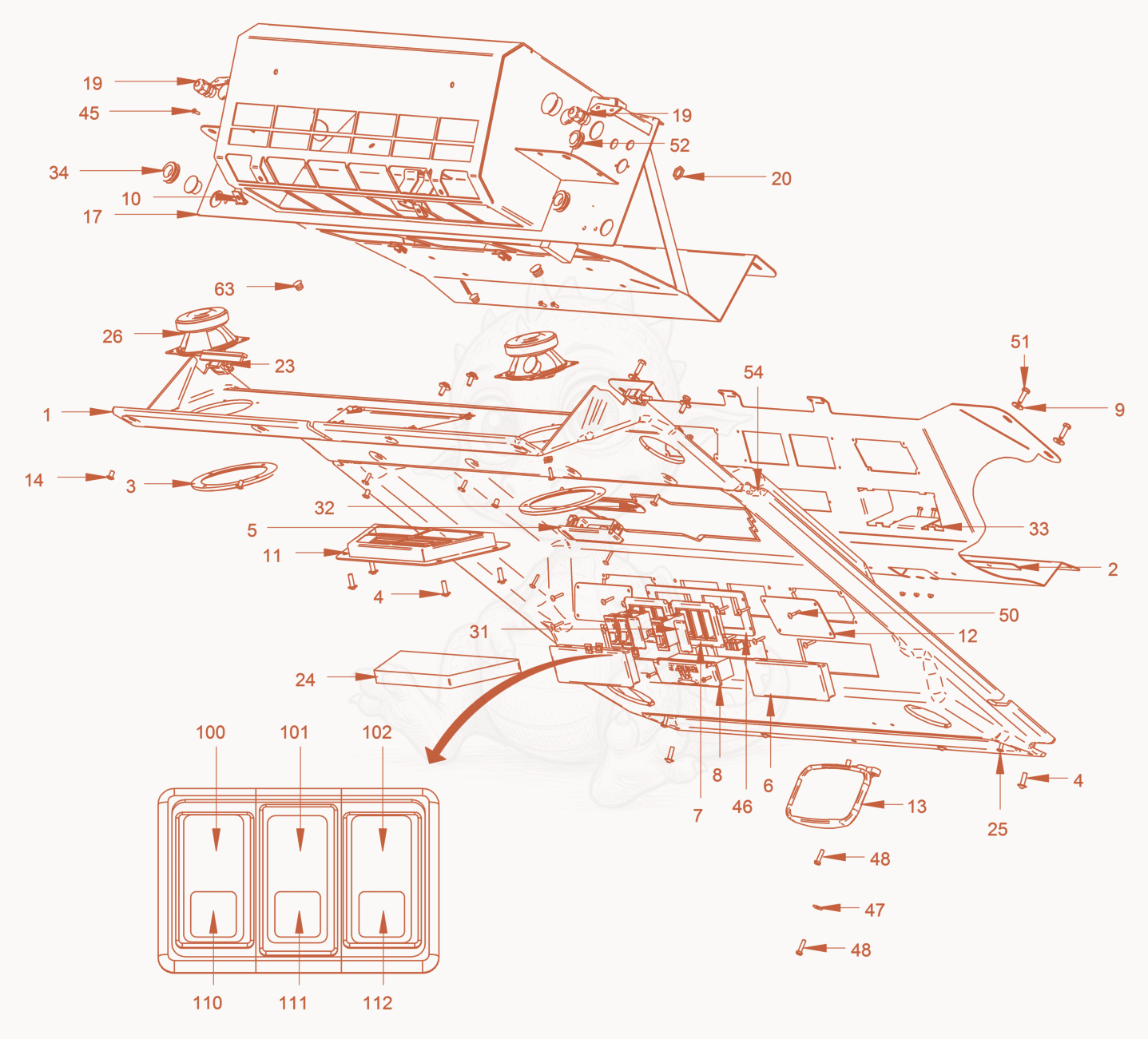 Exploded parts diagram of the driver's cabin of a Wacker Neuson RC70VOUS, with numbered balloons